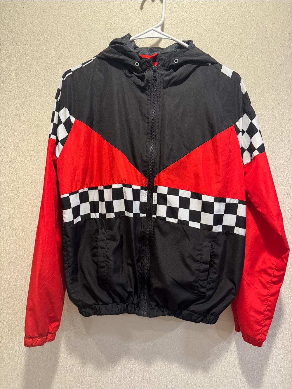 Checkerboard Accent Red & Black Hooded Windbreaker